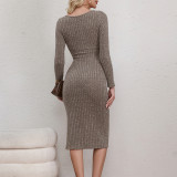 Spring And Autumn Knot Hollow Slim High Waist Long Sleeve Ribbed Knitting Bodycon Dress