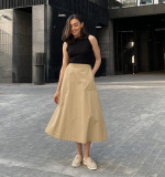 Khaki High Waist Career Long Skirt Autumn Fashion Women's Clothing