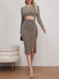 Spring And Autumn Knot Hollow Slim High Waist Long Sleeve Ribbed Knitting Bodycon Dress