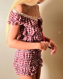 Plaid tie short-sleeved Top shorts slim casual two piece set