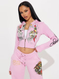 Women's Fashion Casual Print Hooded Tracksuit Sport Two Piece Pants Set