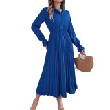 Autumn Winter Casual Turndown Collar Button Long Sleeve Slim Waist Pleated Women's Long Dress