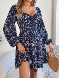 Autumn Winter Casual Sexy Lace-Up Square Neck Floral Long Sleeve A-Line Women's Dress