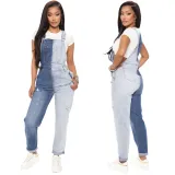 Women Women Elastic Color Block Ripped Overalls