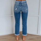 Women Ripped Washed Gradient Denim Pants