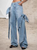 Women Spring Patchwork Bow Denim Wide Leg Pants