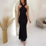 Women Halter Neck Casual Sequin Formal Party Evening Dress