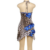 Summer Women backless sexy Halter Neck lace leopard print patchwork lace bodycon dress