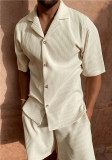 Men's Corduroy Casual Turndown Collar Solid T-shirt Shorts Two-piece Set