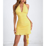 Women sexy Halter Neck pleated ruffled bodycon dress