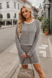 Women Autumn and Winter Knitting Cardigan Stripe Top and Skirt Casual Two-Piece Set