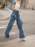 Women Spring Patchwork Bow Denim Wide Leg Pants