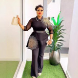 African Plus Size Women Diamond Irregular T-shirt + Trousers Two-piece Set