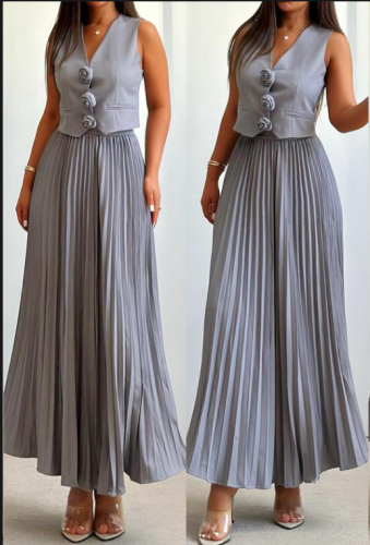 Women's Summer Flower Sleeveless Vest Top Pleated Long Skirt Two-Piece Set