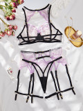 Women Summer Black and Purple Contrast See-Through Embroidered Sexy Lingerie Set