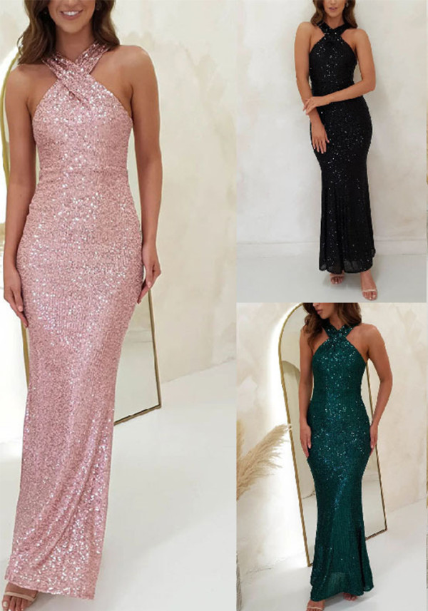 Women Halter Neck Casual Sequin Formal Party Evening Dress