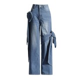 Women Spring Patchwork Bow Denim Wide Leg Pants