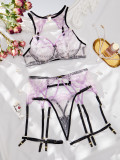 Women Summer Black and Purple Contrast See-Through Embroidered Sexy Lingerie Set