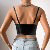 Women Solid Suspender Pu Leather Solid Diamond Top