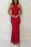 Women Halter Neck Casual Sequin Formal Party Evening Dress