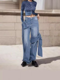 Women Spring Patchwork Bow Denim Wide Leg Pants