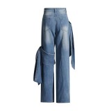 Women Spring Patchwork Bow Denim Wide Leg Pants