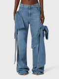 Women Spring Patchwork Bow Denim Wide Leg Pants