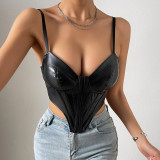 Women Solid Suspender Pu Leather Solid Diamond Top