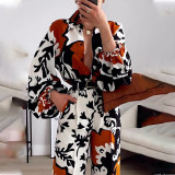 Women Chic Printed Turndown Collar Straight Jumpsuit