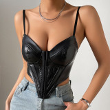 Women Solid Suspender Pu Leather Solid Diamond Top