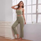 Women Knitting Suspender Top Trousers Robe Pajama Three-Piece