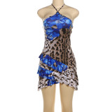 Summer Women backless sexy Halter Neck lace leopard print patchwork lace bodycon dress