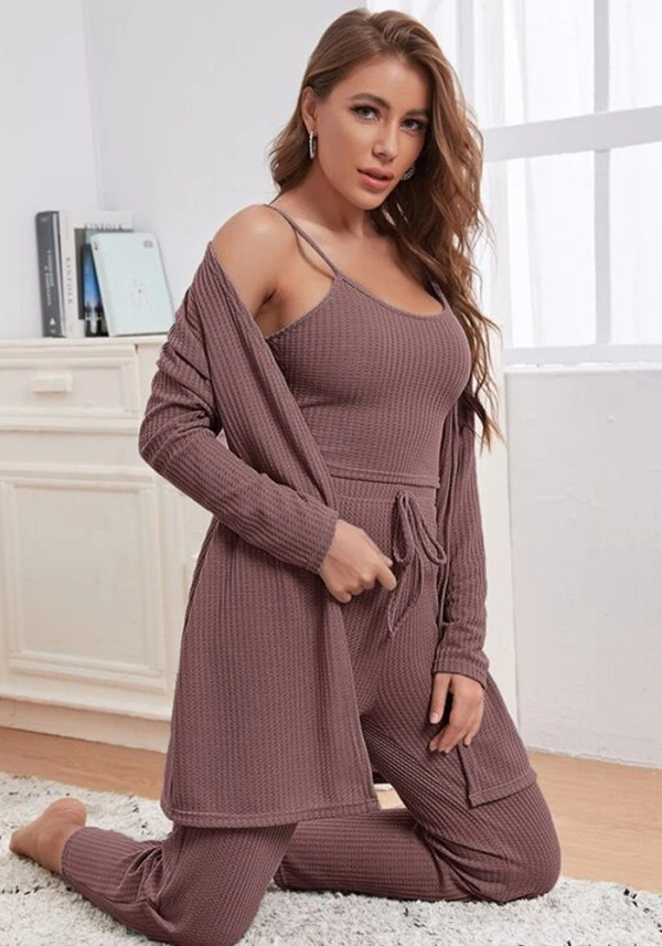 Women Knitting Suspender Top Trousers Robe Pajama Three-Piece