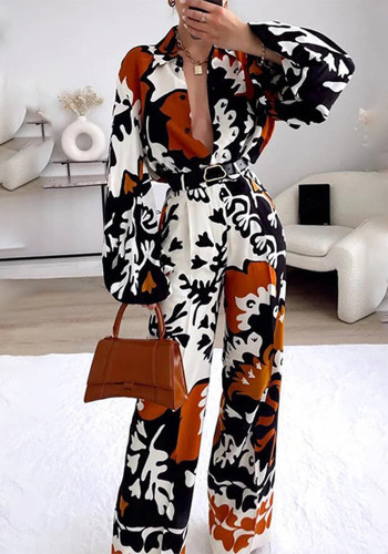 Women Chic Printed Turndown Collar Straight Jumpsuit