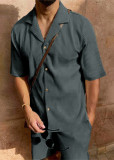 Men's Corduroy Casual Turndown Collar Solid T-shirt Shorts Two-piece Set