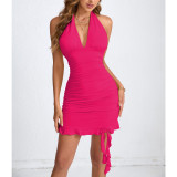 Women sexy Halter Neck pleated ruffled bodycon dress