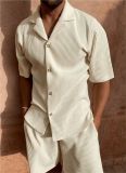 Men's Corduroy Casual Turndown Collar Solid T-shirt Shorts Two-piece Set