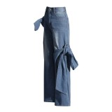 Women Spring Patchwork Bow Denim Wide Leg Pants