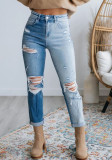 Women Ripped Washed Gradient Denim Pants