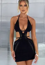 Women sexy Halter Neck wrap chest hollow patchwork lace-up dress