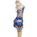 Summer Women backless sexy Halter Neck lace leopard print patchwork lace bodycon dress