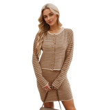 Women Autumn and Winter Knitting Cardigan Stripe Top and Skirt Casual Two-Piece Set