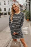 Women Autumn and Winter Knitting Cardigan Stripe Top and Skirt Casual Two-Piece Set