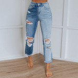 Women Ripped Washed Gradient Denim Pants