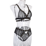 Women sexy spiked mesh tadpole print sexy lingerie two-piece set