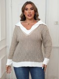 Plus Size Women Contrast Patchwork Turndown Collar Sweater