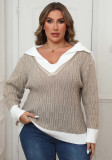 Plus Size Women Contrast Patchwork Turndown Collar Sweater