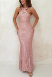 Women Halter Neck Casual Sequin Formal Party Evening Dress