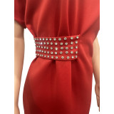 Women Solid Stud Diamond Round Neck Slit Dress