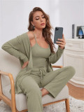 Women Knitting Suspender Top Trousers Robe Pajama Three-Piece